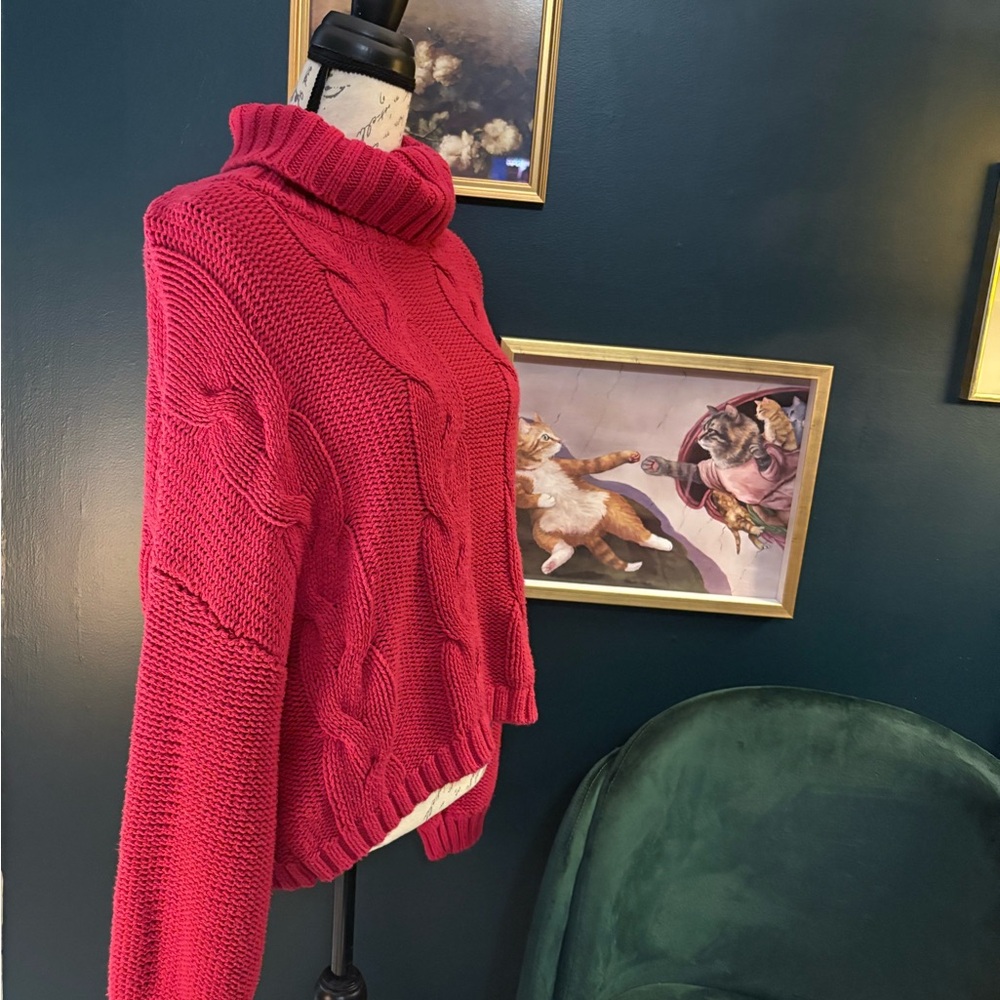 Cozy Cable Knit Turtleneck Sweater - Red